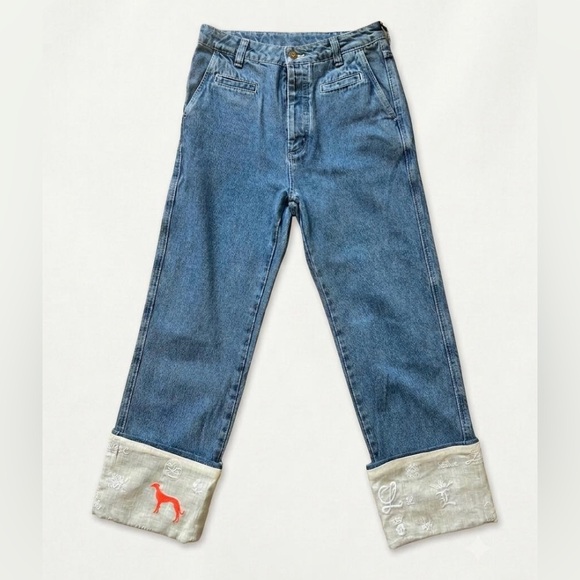 Loewe Denim - LOEWE Blue Denim Women’s Jeans with Embroidered Cuffs